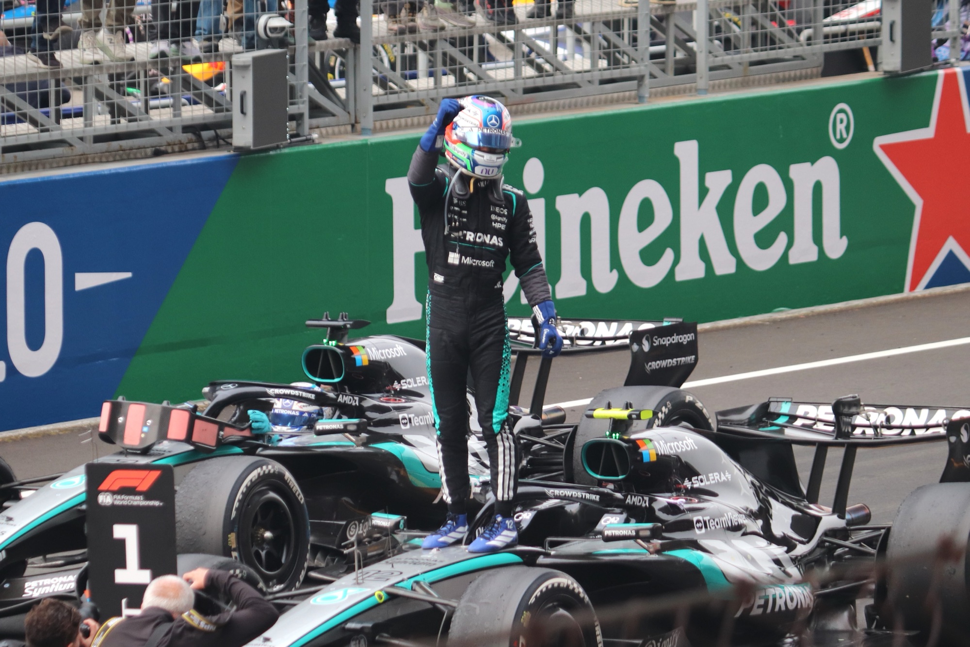 Kimi Antonelli celebrates a Mercedes result at the 2026 Chinese Grand Prix